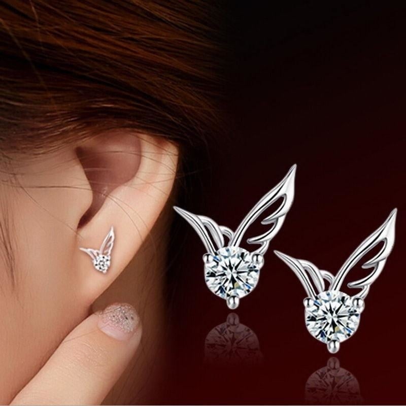 Women Sterling Silver Angel Wings Crystal Fashion Stud Earrings Jewelry Image 1