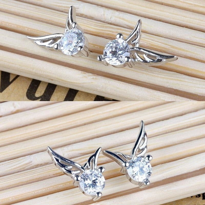 Women Sterling Silver Angel Wings Crystal Fashion Stud Earrings Jewelry Image 6