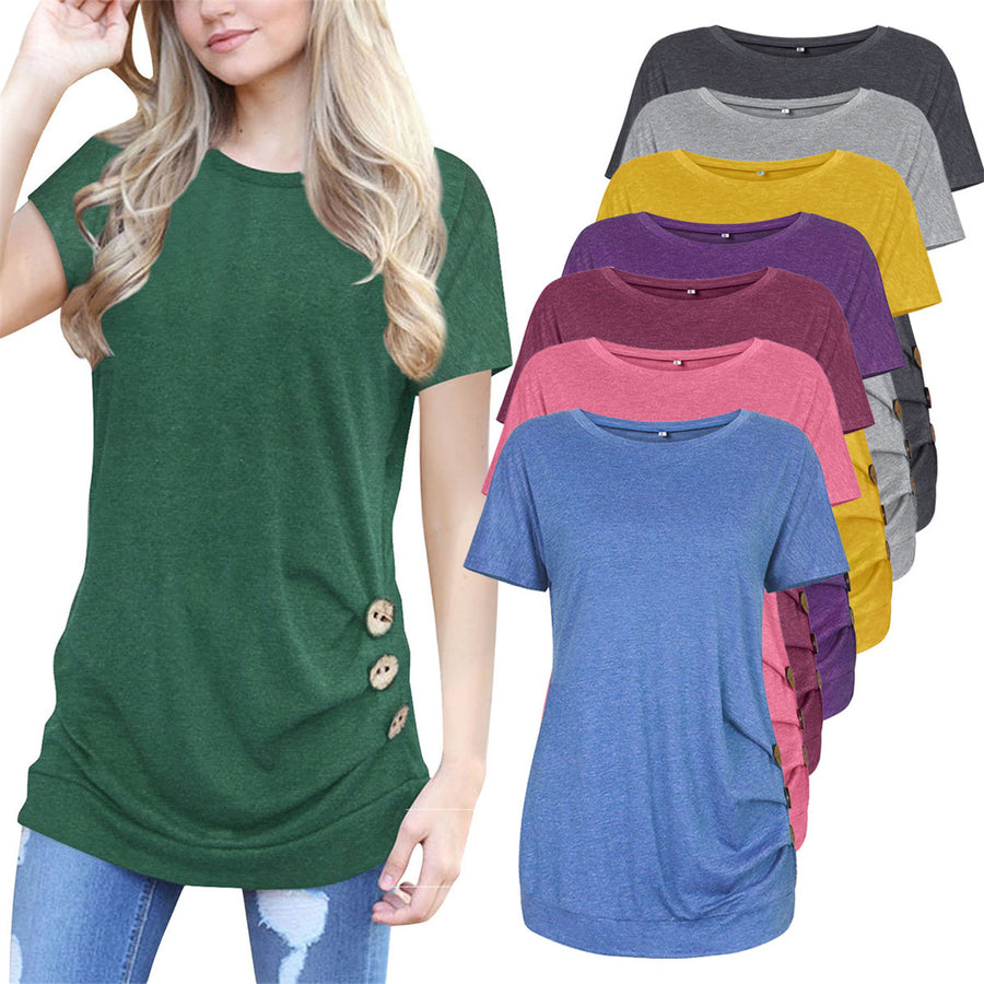 Short Sleeve Round Neck Loose Tunic Top Blouse T-Shirt Image 1