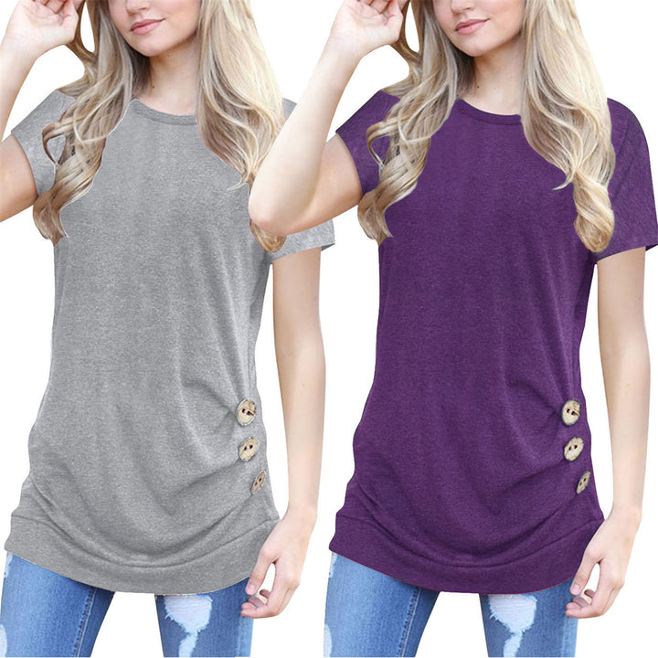 Short Sleeve Round Neck Loose Tunic Top Blouse T-Shirt Image 4