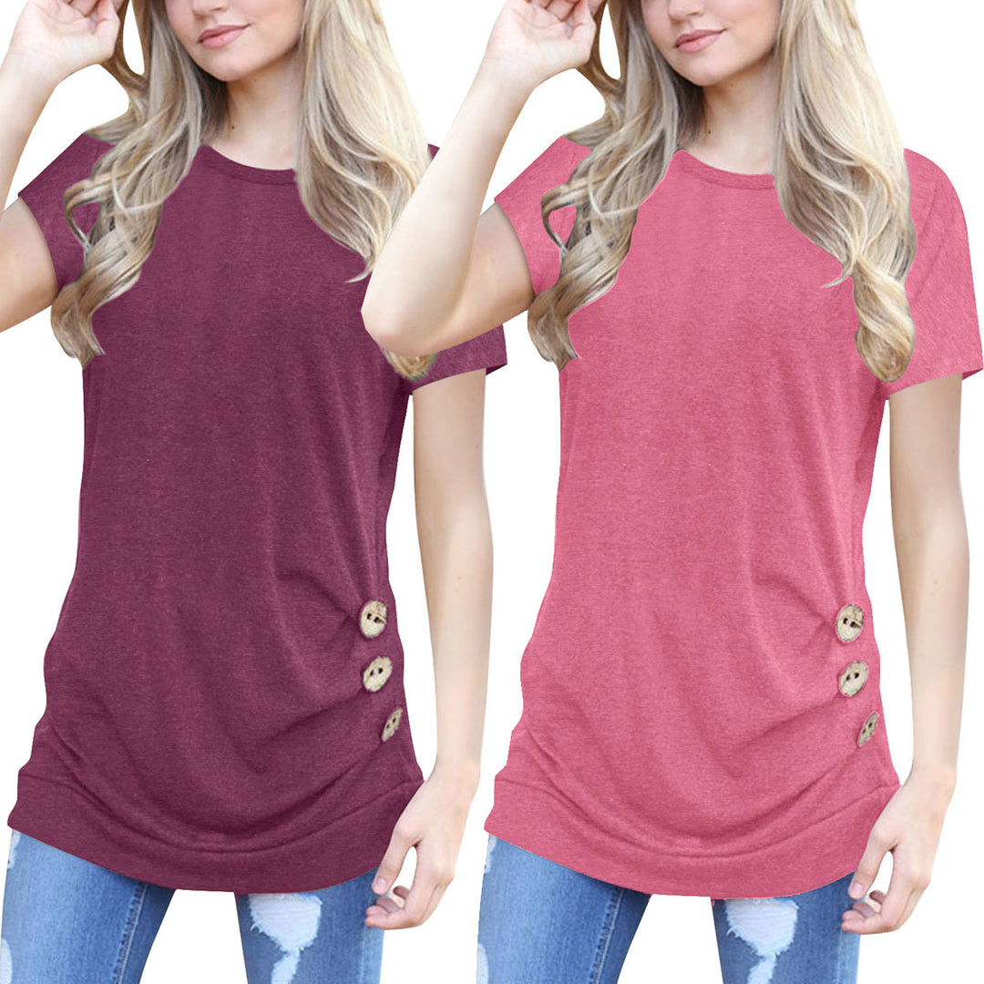 Short Sleeve Round Neck Loose Tunic Top Blouse T-Shirt Image 4