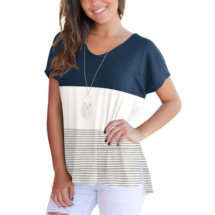 Color Block Stripe Short Sleeve Tee Shirt Top Image 4