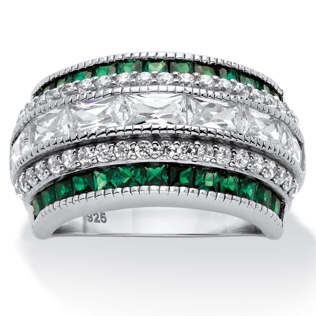 Emerald-Cut Cubic Zirconia Multi-Row Art Deco-Inspired Cocktail Ring 3.31 TCW in Platinum over Sterling Silver Image 1