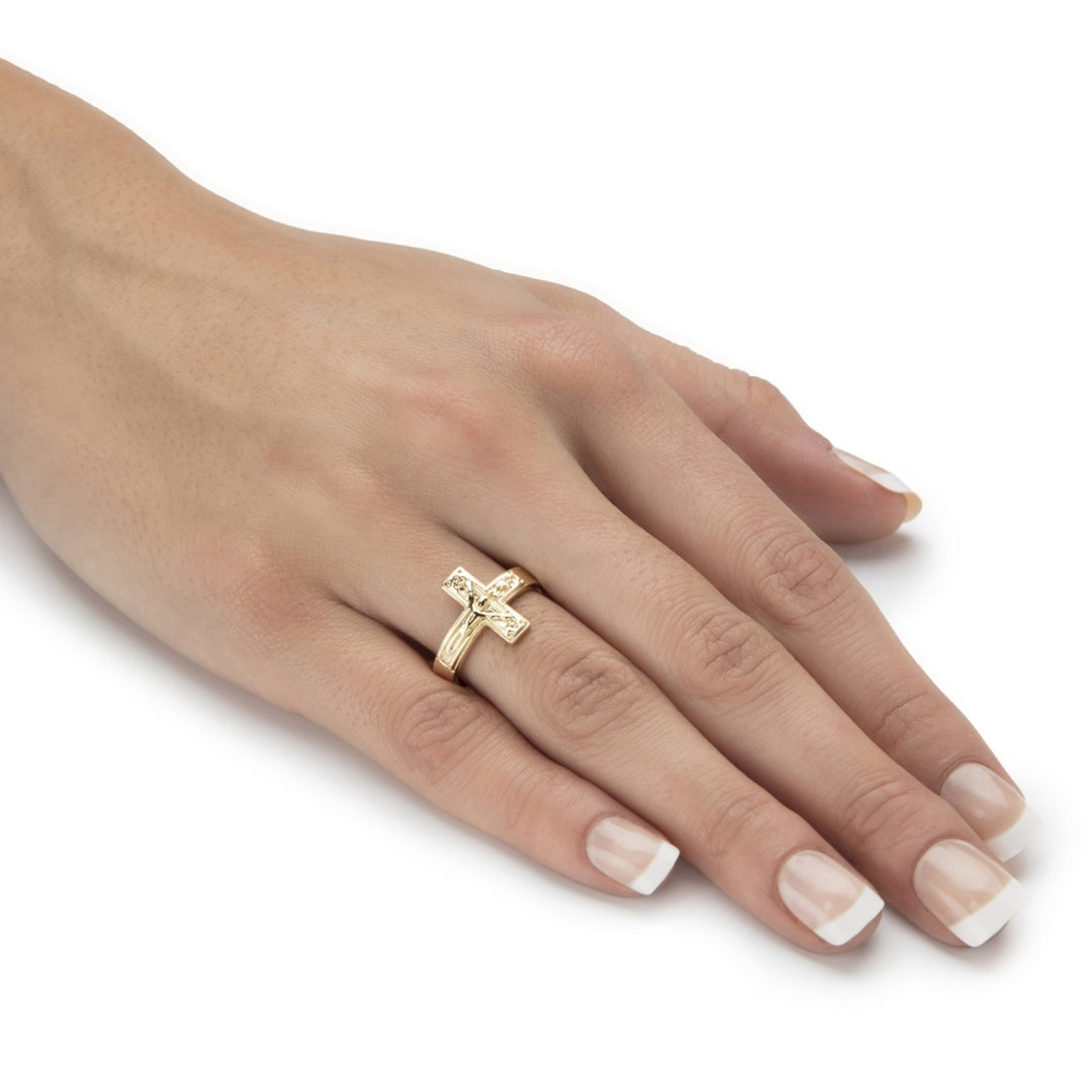 Horizontal Crucifix Cross Ring in 14k Yellow Gold over Sterling Silver Image 2