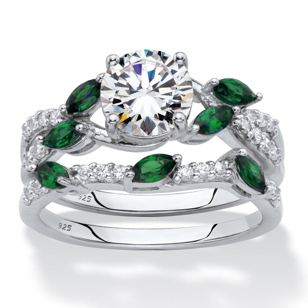 Round Cubic Zirconia and Marquise-Cut Created Emerald 2-Piece Vine Wedding Ring Set 2.35 TCW in Platinum over Sterling Image 1