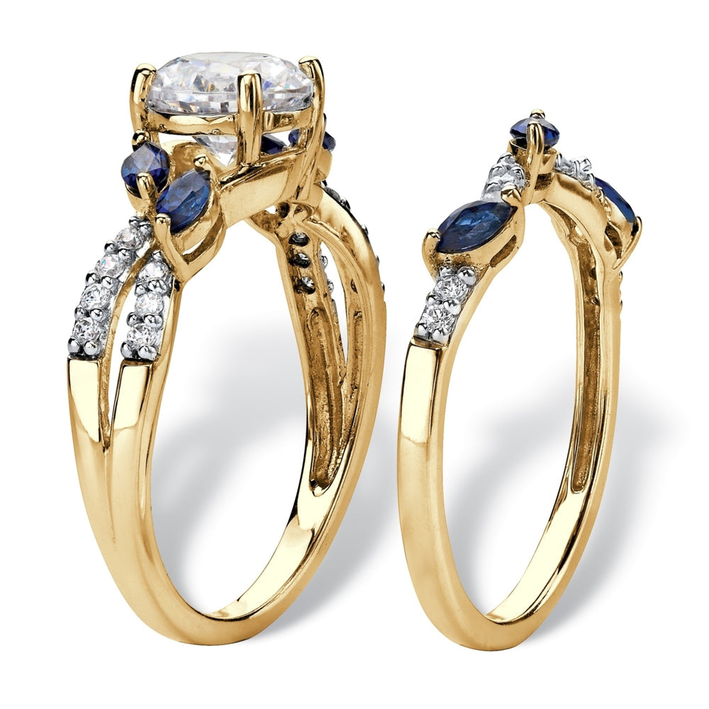 Round Cubic Zirconia and Created Blue Sapphire 2-Piece Vine Wedding Ring Set 2.63 TCW in 18k Gold over Sterling Silver Image 2