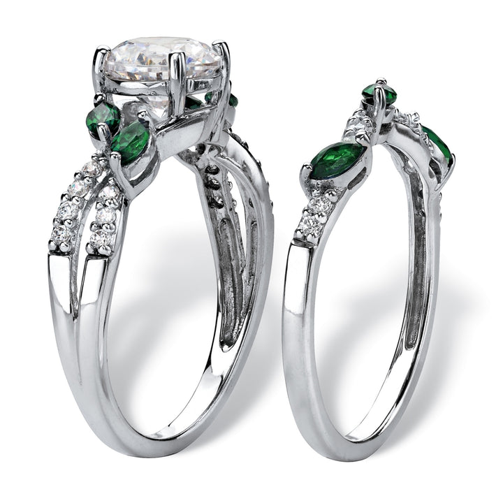 Round Cubic Zirconia and Marquise-Cut Created Emerald 2-Piece Vine Wedding Ring Set 2.35 TCW in Platinum over Sterling Image 2