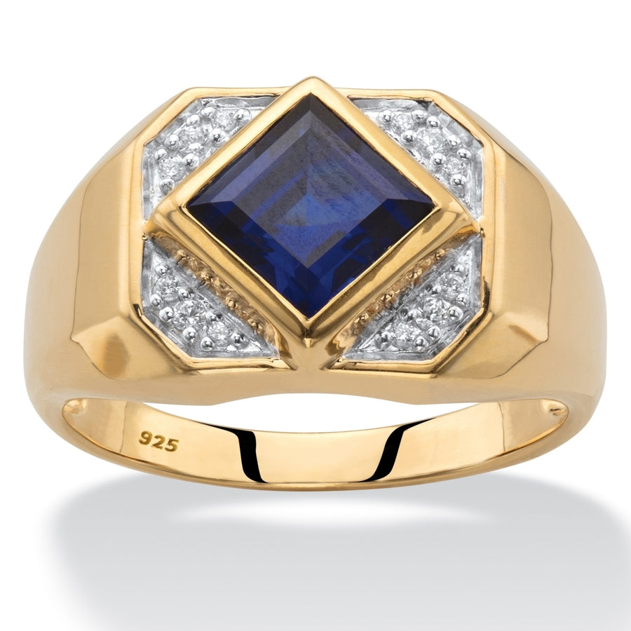 Mens Square-Cut Created Blue Sapphire Octagon Ring 2.20 TCW in 18k Yellow Gold over Sterling Silver Image 1