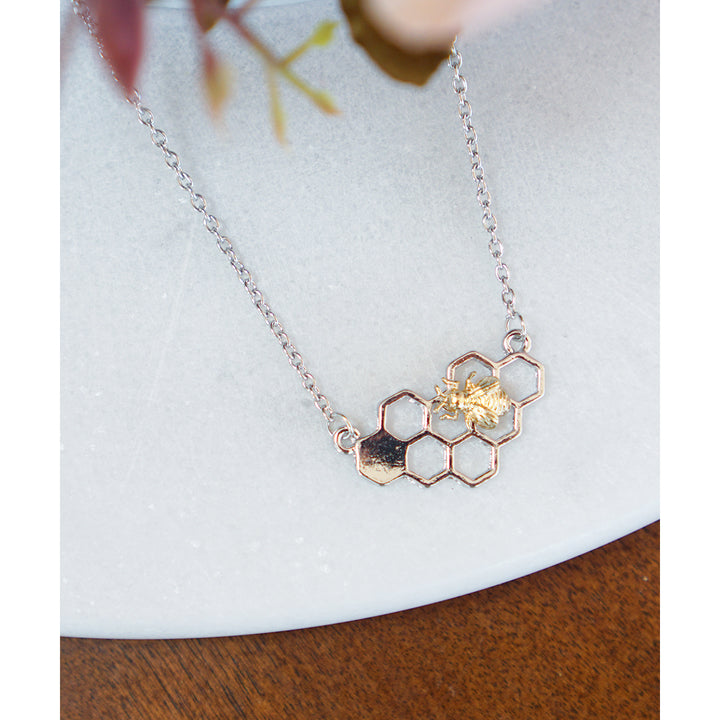 Silver Cut Out Honeycomb Bumblebee Bee Necklace Image 2
