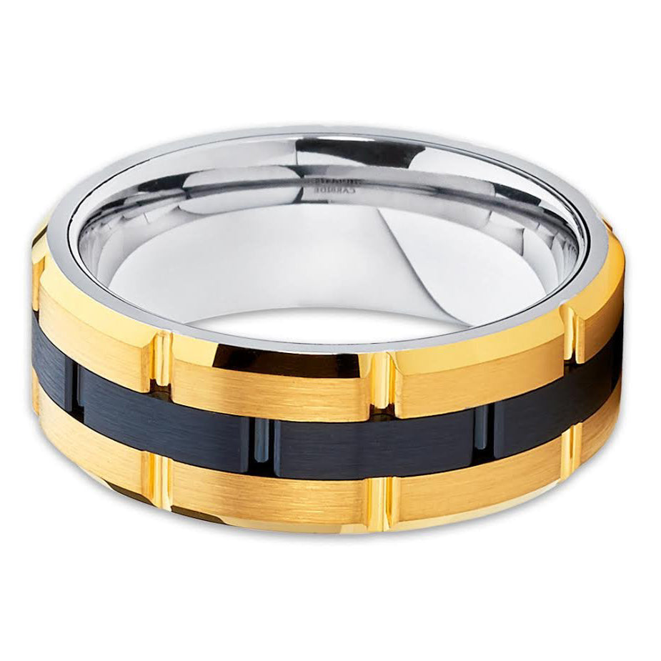 8mm Tungsten Wedding Band Yellow Gold Ring Brushed Carbide Band Grooved Men and Women Black Comfort Fit Image 2