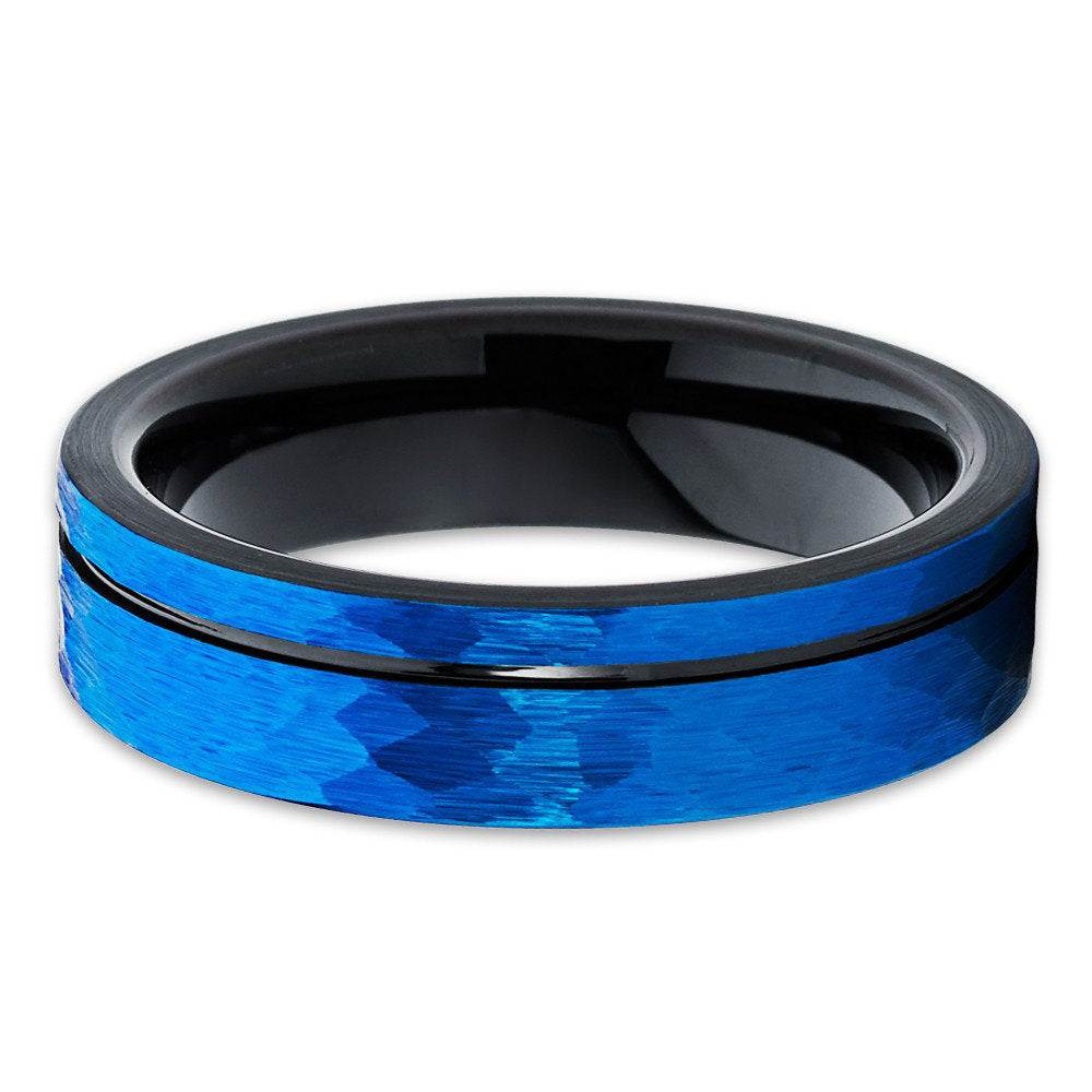 Black Tungsten Ring Hammered Blue Brushed Top 6mm Blue Tungsten Ring Offset Black Groove Comfort Fit Image 2