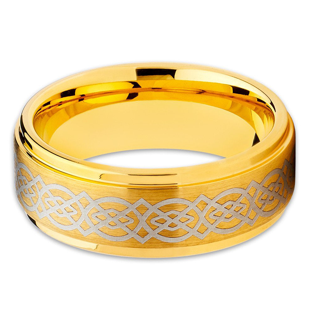 8mm Yellow Gold Tungsten Carbide Ring Brushed Finish Unique Design Comfort Fit Wedding Band (6) Image 2