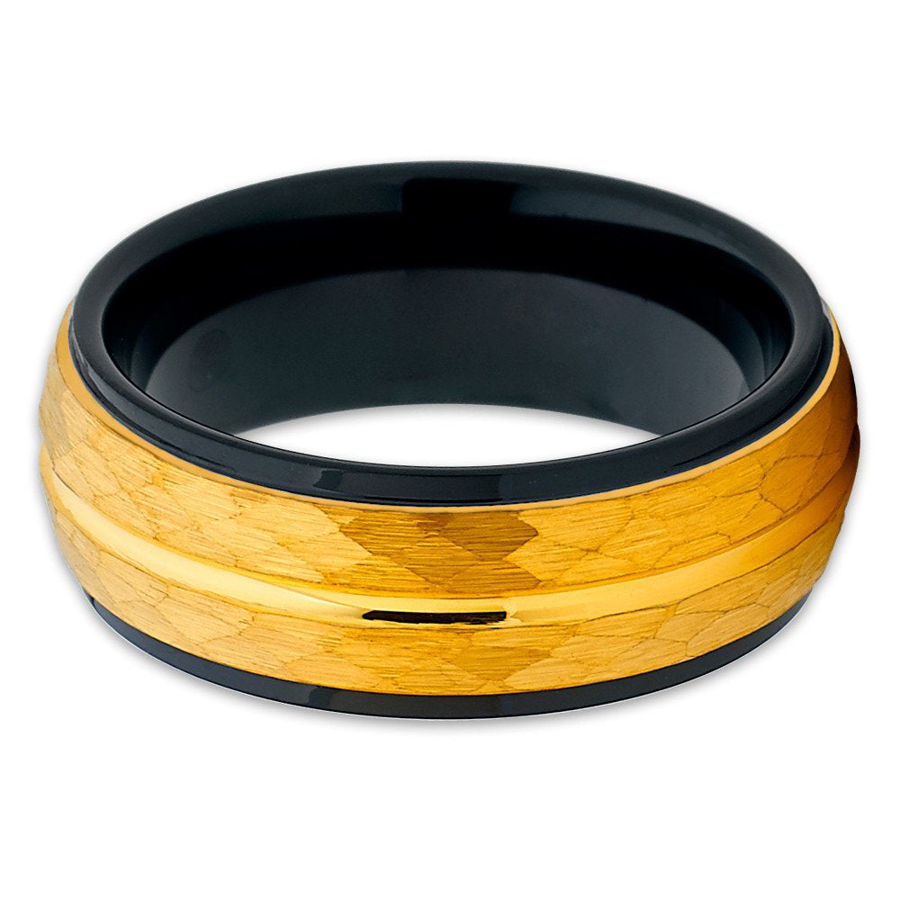 8mm Yellow Gold Tungsten Ring Tungsten Wedding Band Hammered Black Tungsten Ring Men and Women Comfort Fit Image 2