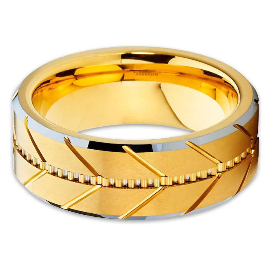 Tungsten Wedding Band Yellow Gold Tungsten Ring Grooved 8mm Tungsten Band Men & Women Brushed Comfort Fit Image 2