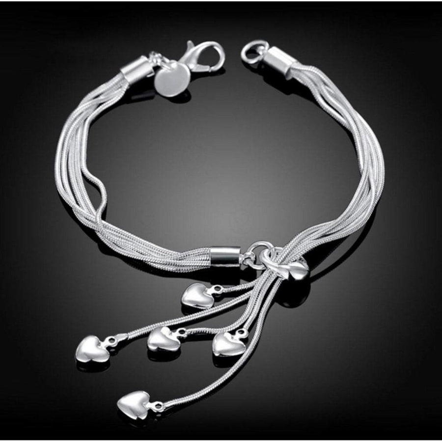 925 Silver Tassel Heart Chain Elegant Bracelet Bangle Women Jewelry Image 1