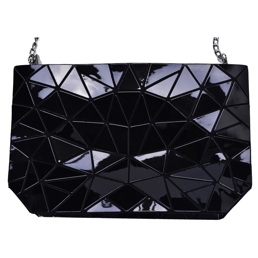 Black Glossy Shoulder Handbag with Metal Chain & Stylish Geometric Design - Crossbody Messenger Bag Purse for Casual & Image 1