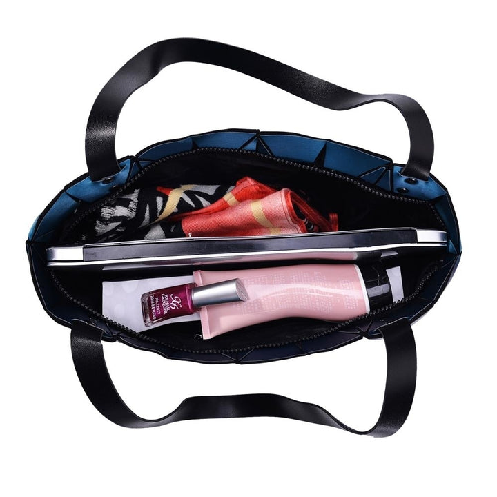 Blue Diamond Lattice Handbag for Women - Gloss Convertible Shoulder Tote Bag with Adjustable Handles - PU Image 2