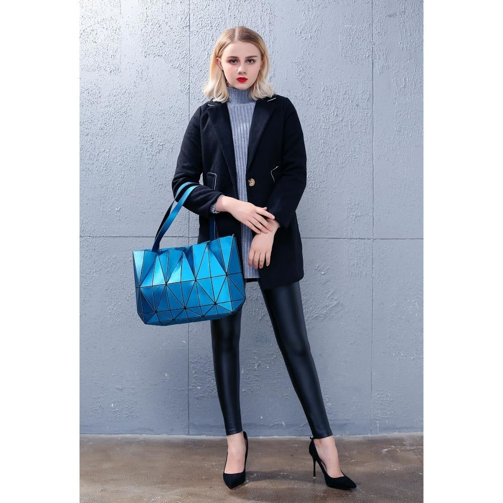 Blue Diamond Lattice Handbag for Women - Gloss Convertible Shoulder Tote Bag with Adjustable Handles - PU Image 3