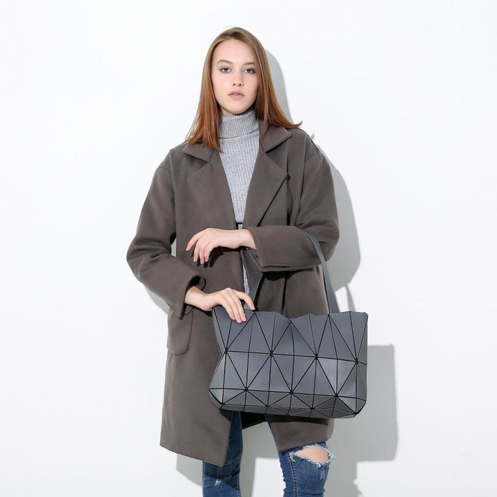 Grey Diamond Lattice Handbag for Women - Gloss Convertible Shoulder Tote Bag with Adjustable Handles - PU Image 3