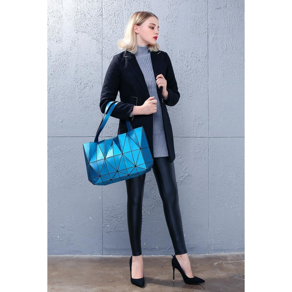 Blue Diamond Lattice Handbag for Women - Gloss Convertible Shoulder Tote Bag with Adjustable Handles - PU Image 4