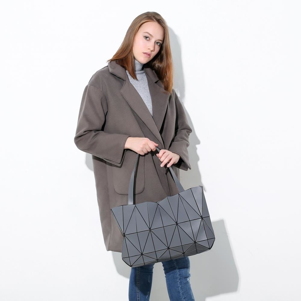 Grey Diamond Lattice Handbag for Women - Gloss Convertible Shoulder Tote Bag with Adjustable Handles - PU Image 4