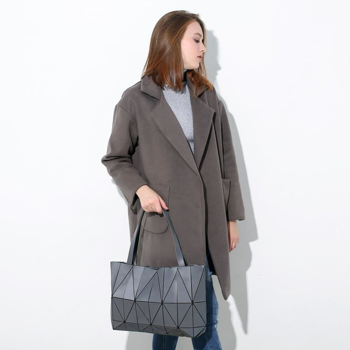 Grey Diamond Lattice Handbag for Women - Gloss Convertible Shoulder Tote Bag with Adjustable Handles - PU Image 4