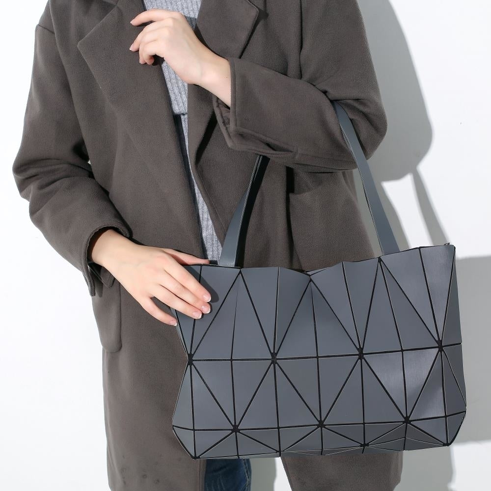 Grey Diamond Lattice Handbag for Women - Gloss Convertible Shoulder Tote Bag with Adjustable Handles - PU Image 6