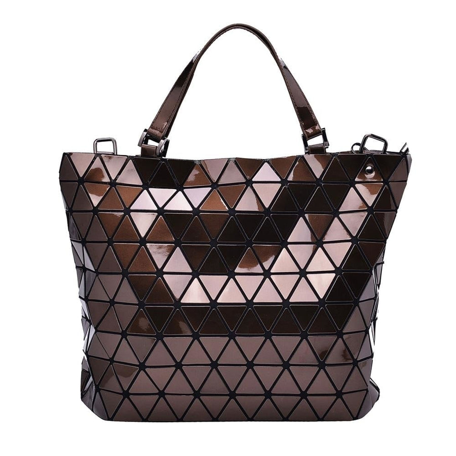 Brown Diamond Lattice Handbag for Women - Gloss Convertible Shoulder Tote Bag with Adjustable Handles - PU Image 1