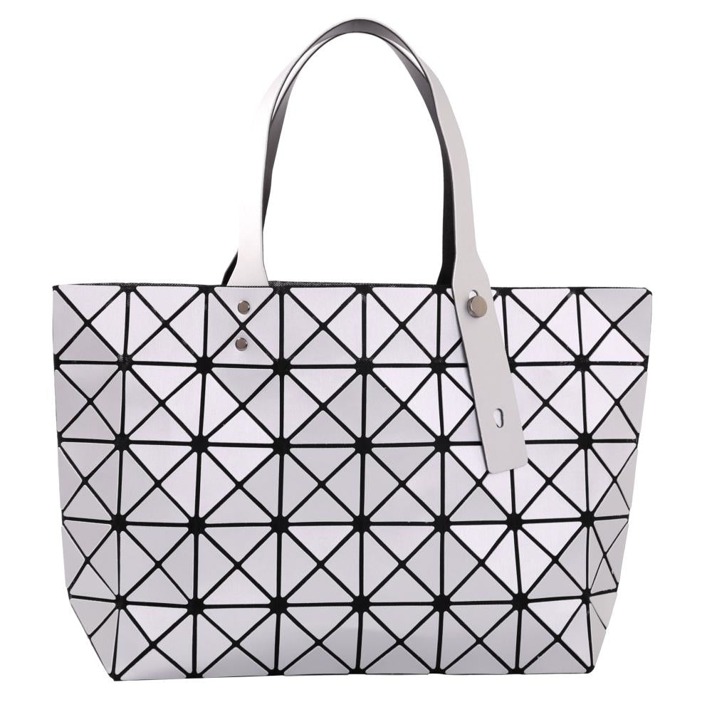 Silver Diamond Lattice Handbag for Women - Gloss Convertible Shoulder Tote Bag with Adjustable Handles - PU Leather Image 1