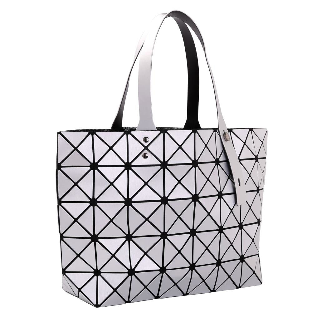 Silver Diamond Lattice Handbag for Women - Gloss Convertible Shoulder Tote Bag with Adjustable Handles - PU Leather Image 2