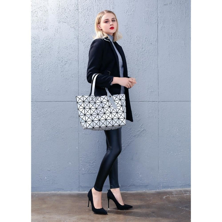 Silver Diamond Lattice Handbag for Women - Gloss Convertible Shoulder Tote Bag with Adjustable Handles - PU Leather Image 4