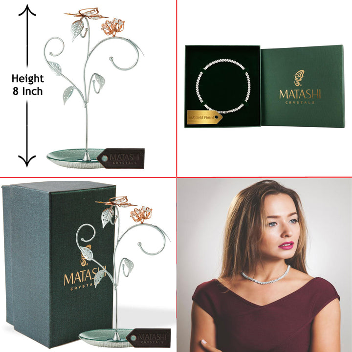 Rose Gold and Chrome Plated Jewelry Stand Elegant Floral and Butterfly Design and 16" Rhodium Plated Necklace by Matashi Image 1