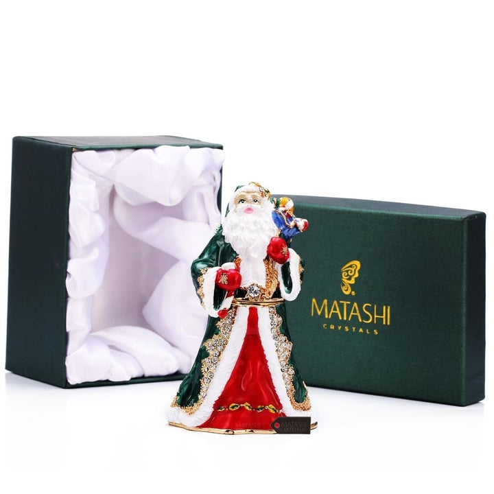 Hand Painted Gift Bearing Santa Ornament/Trinket Box Embellished with 24K Gold and fine Crystals by Matashi Image 1