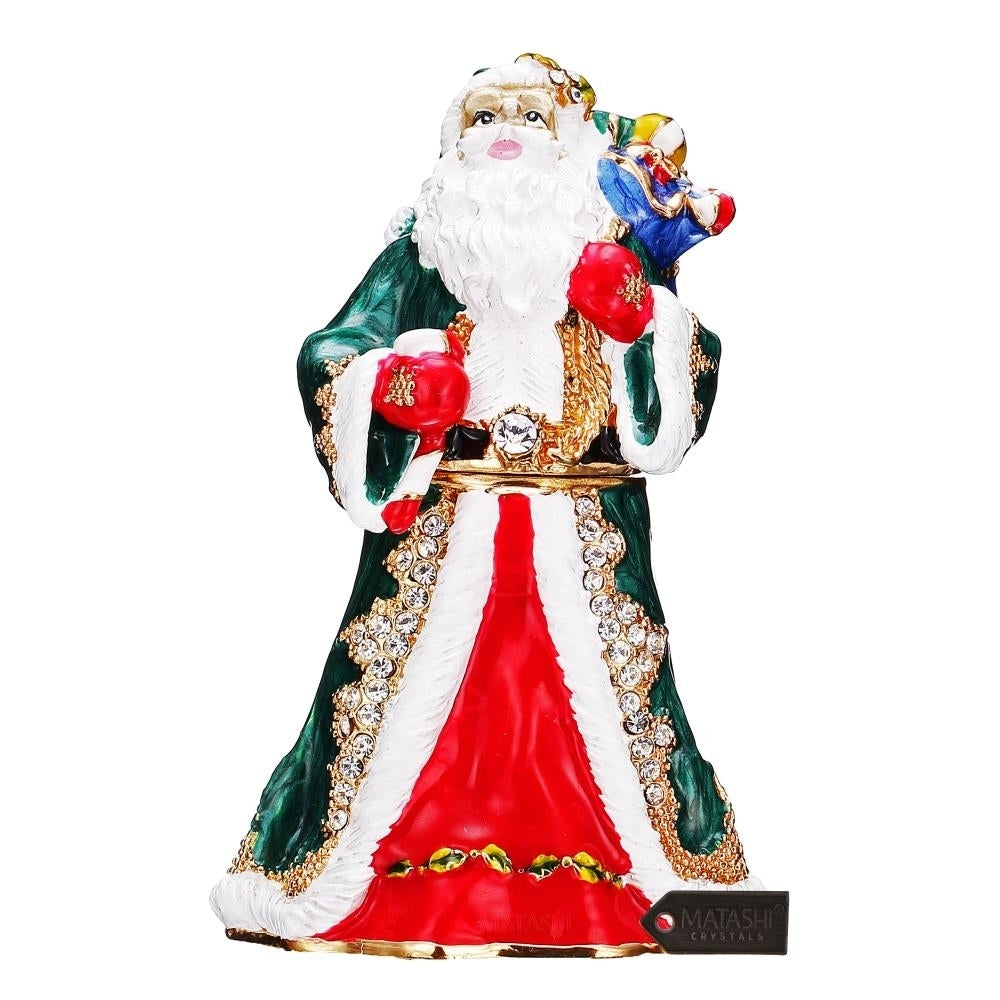 Hand Painted Gift Bearing Santa Ornament/Trinket Box Embellished with 24K Gold and fine Crystals by Matashi Image 2