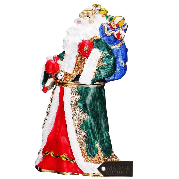 Hand Painted Gift Bearing Santa Ornament/Trinket Box Embellished with 24K Gold and fine Crystals by Matashi Image 3