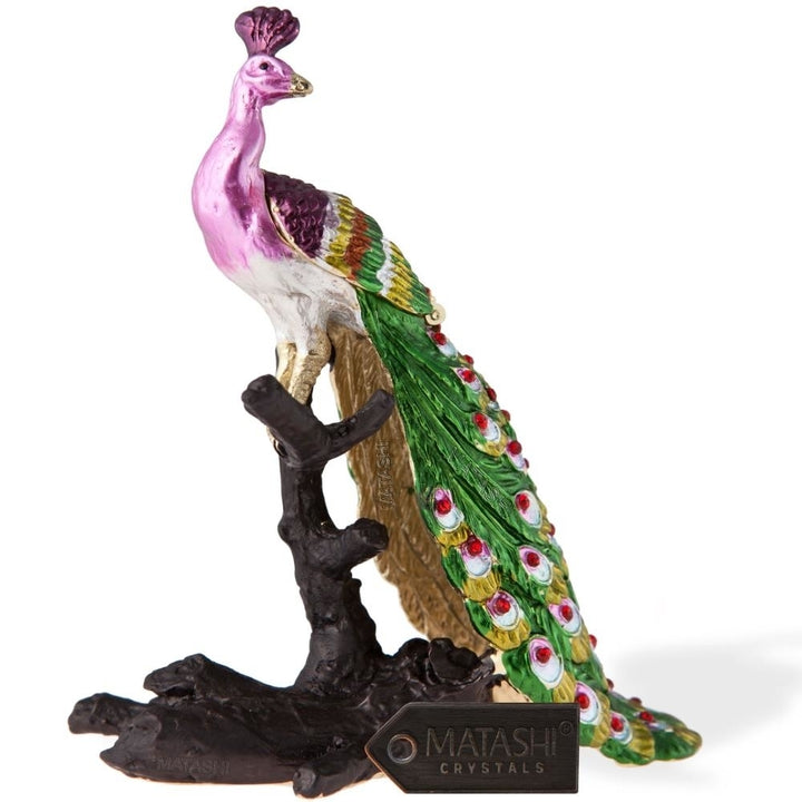 Hand Painted Regal Peacock on a Perch Ornament/Trinket Box Embellished with 24K Gold and fine Crystals by Matashi Image 1