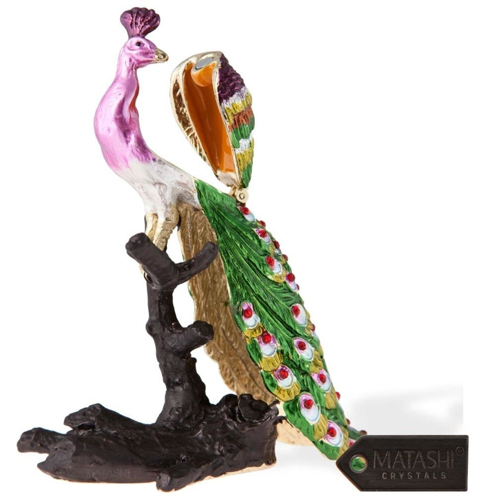 Hand Painted Regal Peacock on a Perch Ornament/Trinket Box Embellished with 24K Gold and fine Crystals by Matashi Image 4