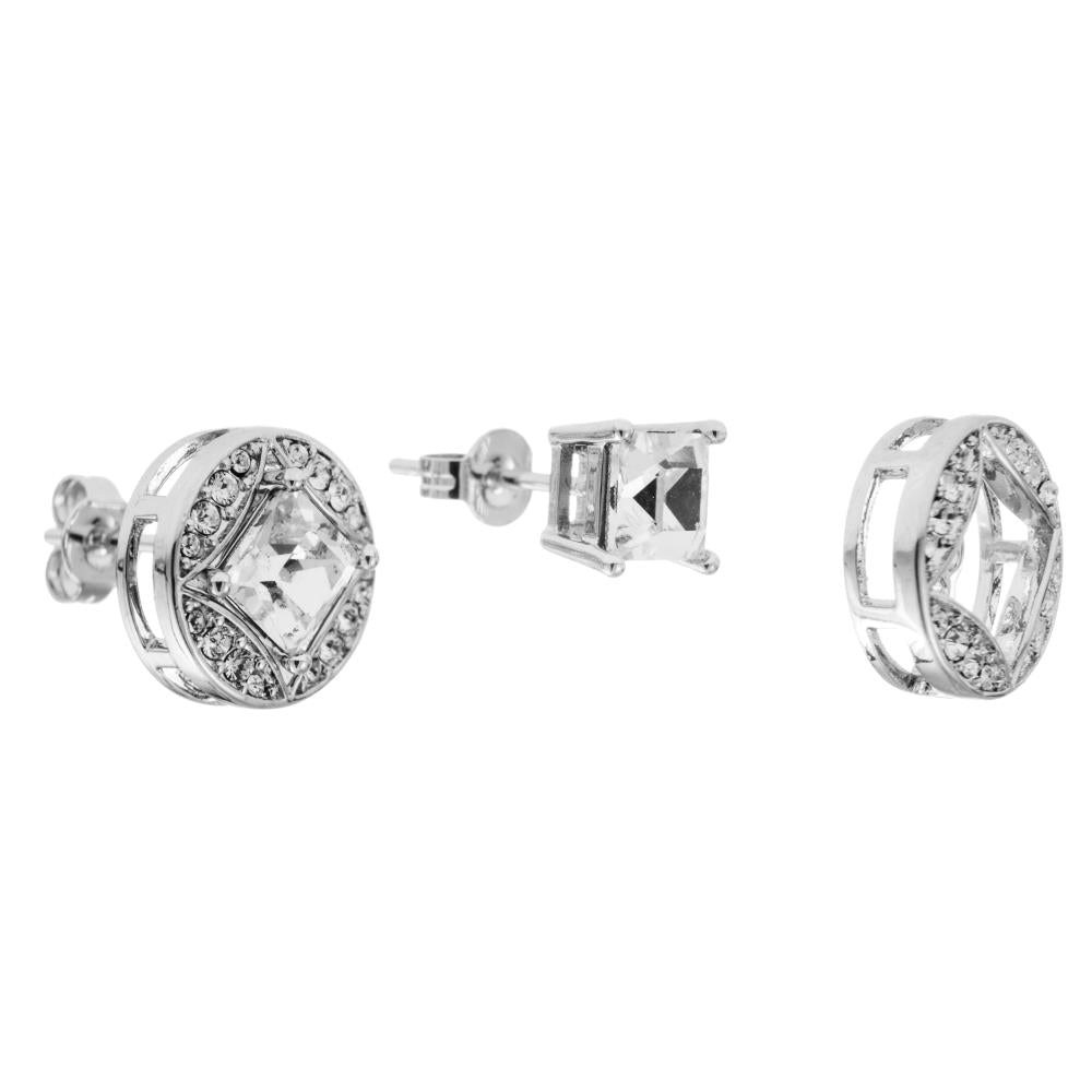 18K White Gold Plated 2-In-1 Interconnecting Stud Earrings Set with Circle or Square Design and fine Crystals by Matashi Image 2