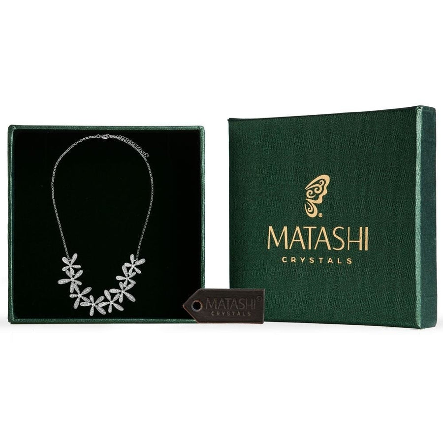 Rhodium Plated Necklace and with Flowers Design and 12" Extendable Chain with fine Crystals by Matashi Image 1