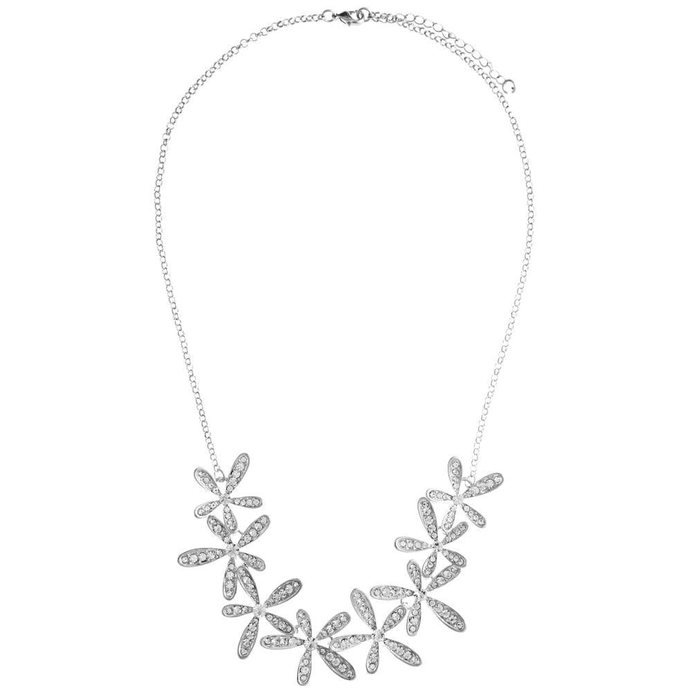 Rhodium Plated Necklace and with Flowers Design and 12" Extendable Chain with fine Crystals by Matashi Image 2