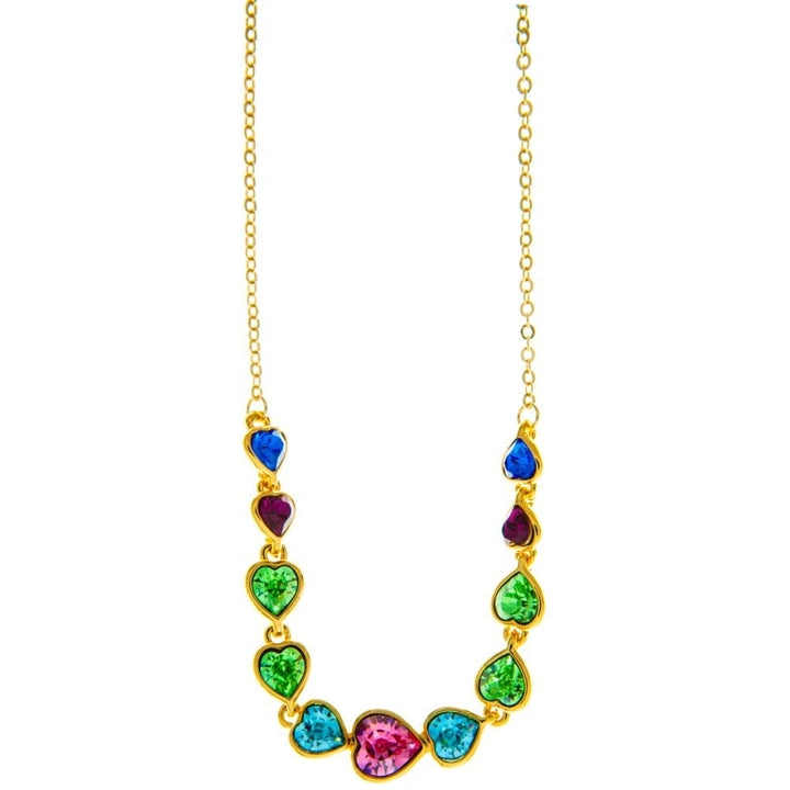 Champagne Gold Plated Necklace with String of Hearts Design with 14" Extendable Chain and fine Multicolored Crystals by Image 2