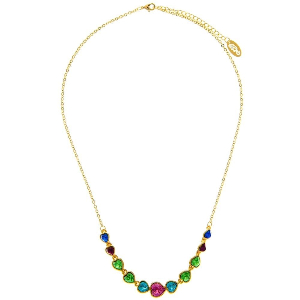 Champagne Gold Plated Necklace with String of Hearts Design with 14" Extendable Chain and fine Multicolored Crystals by Image 3