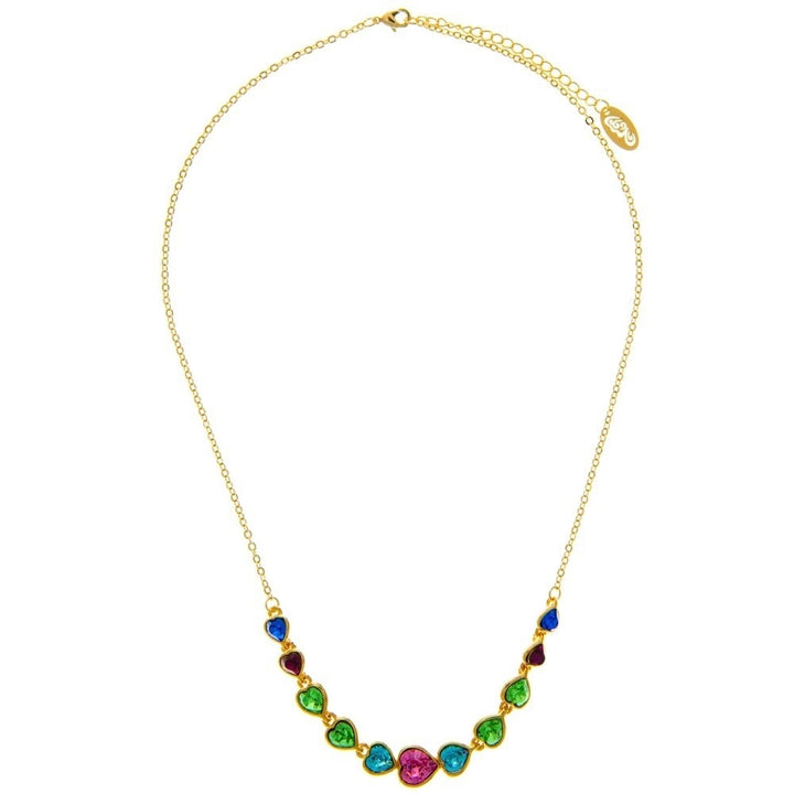 Champagne Gold Plated Necklace with String of Hearts Design with 14" Extendable Chain and fine Multicolored Crystals by Image 3