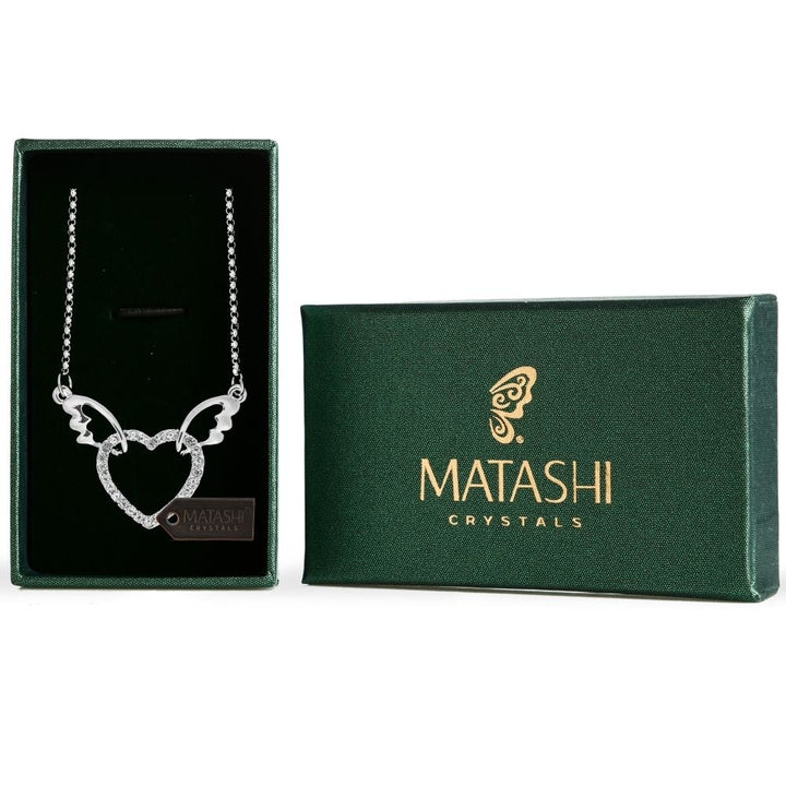 Rhodium Plated Necklace with Winged Heart Design with a 16" Extendable Chain and fine Clear Crystals by Matashi Image 1