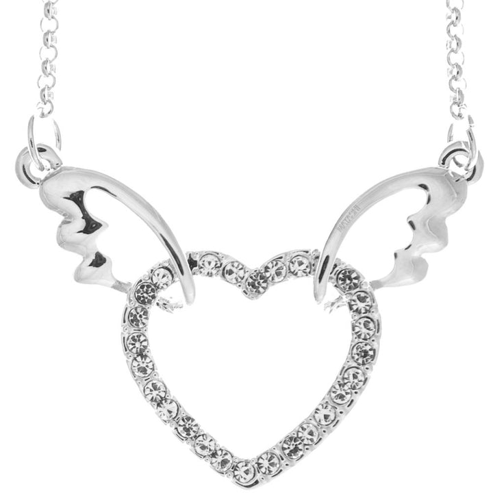Rhodium Plated Necklace with Winged Heart Design with a 16" Extendable Chain and fine Clear Crystals by Matashi Image 2