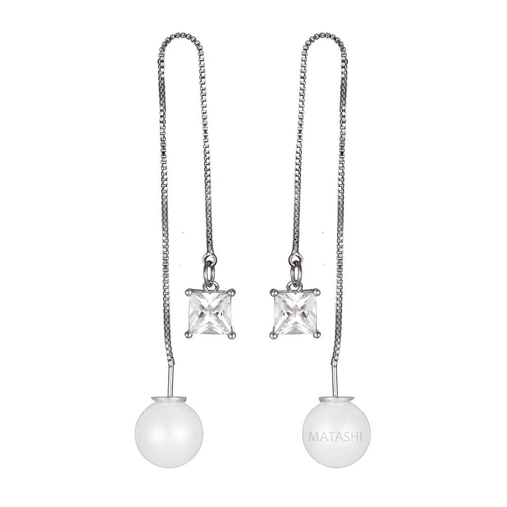 Linear Cubic Zirconia and Bold Pearl Back Drop Earnings For Women Image 3