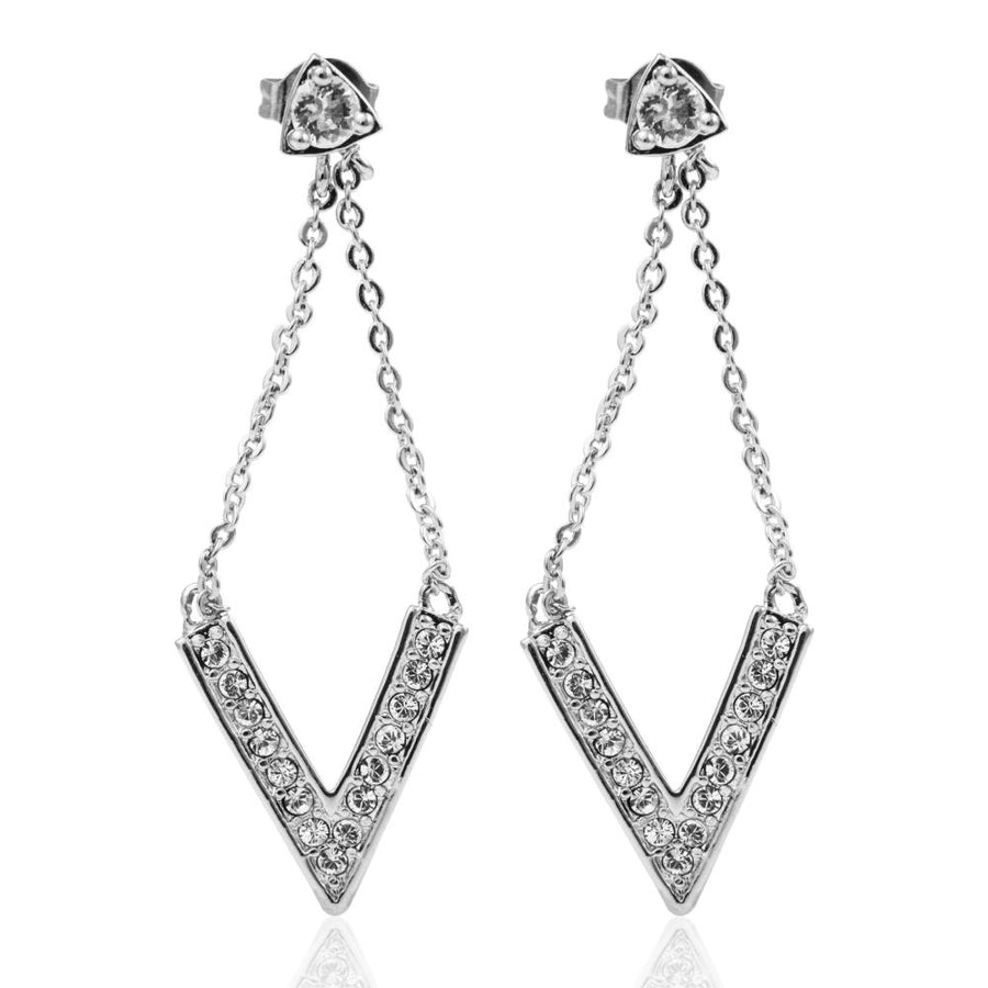 18K White Gold Plated Delta V Design Stud Earrings With Sparkling Clear Crystals By Matashi Image 1