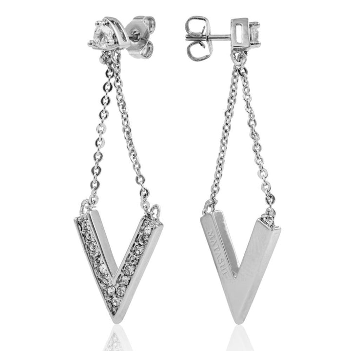 18K White Gold Plated Delta V Design Stud Earrings With Sparkling Clear Crystals By Matashi Image 2