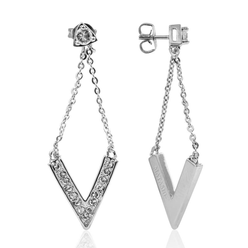 18K White Gold Plated Delta V Design Stud Earrings With Sparkling Clear Crystals By Matashi Image 3
