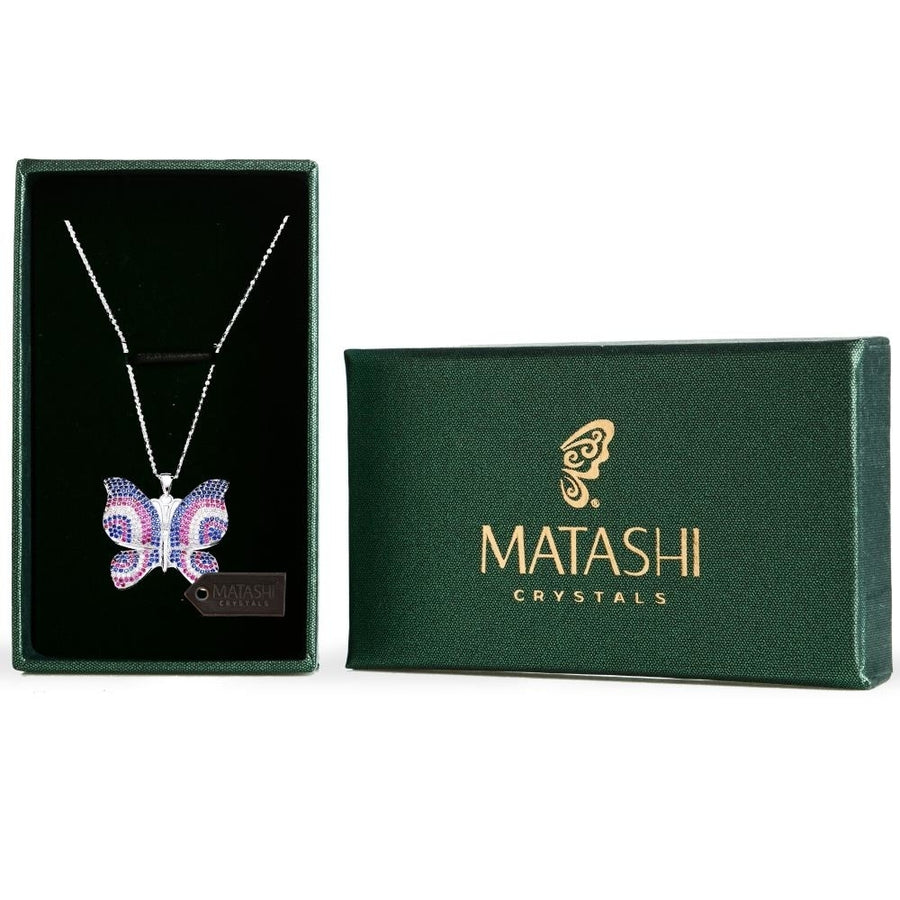 Rhodium Plated Butterfly Necklace with Pink Blue and Clear CZ Stones By Matashi Image 1